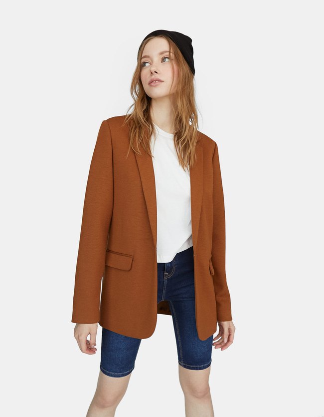 Stradivarius Tricot Blazer Dames Karamel stradivarius kopen in de aanbieding