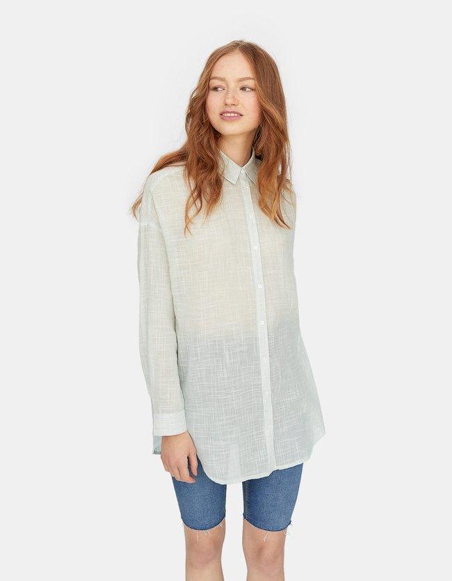 Stradivarius Oversized Overhemdblouse Dames Pastelgroen stradivarius kopen in de aanbieding