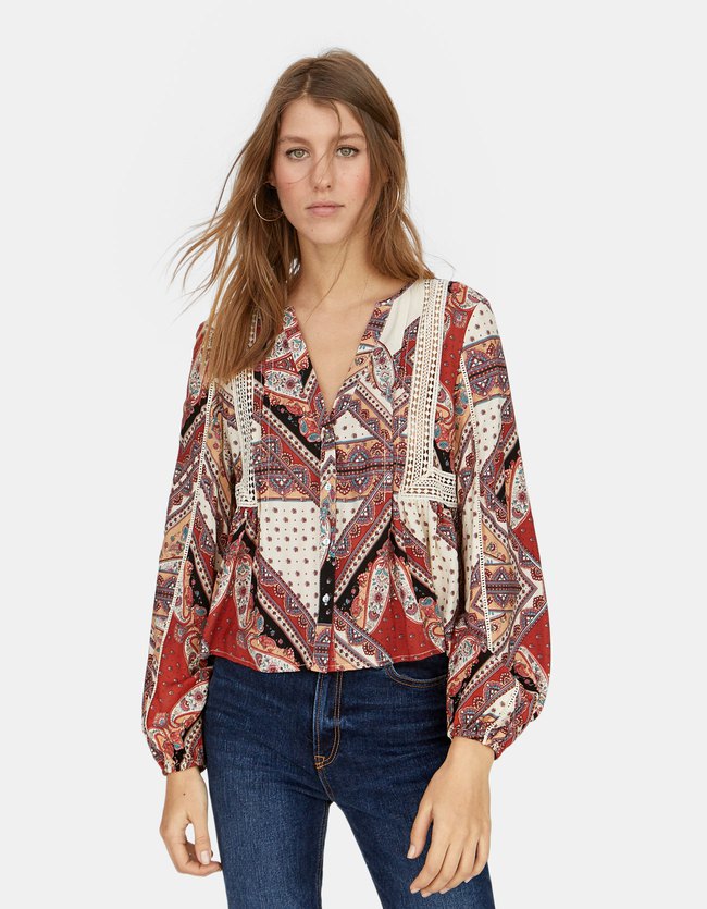 Stradivarius Printblouse Met Crochet Details Dames Zwart stradivarius kopen in de aanbieding