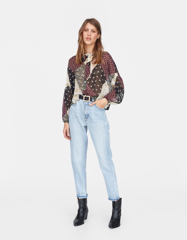 Stradivarius Blouse Met Strik En Patchwork Dames Zwart stradivarius kopen in de aanbieding