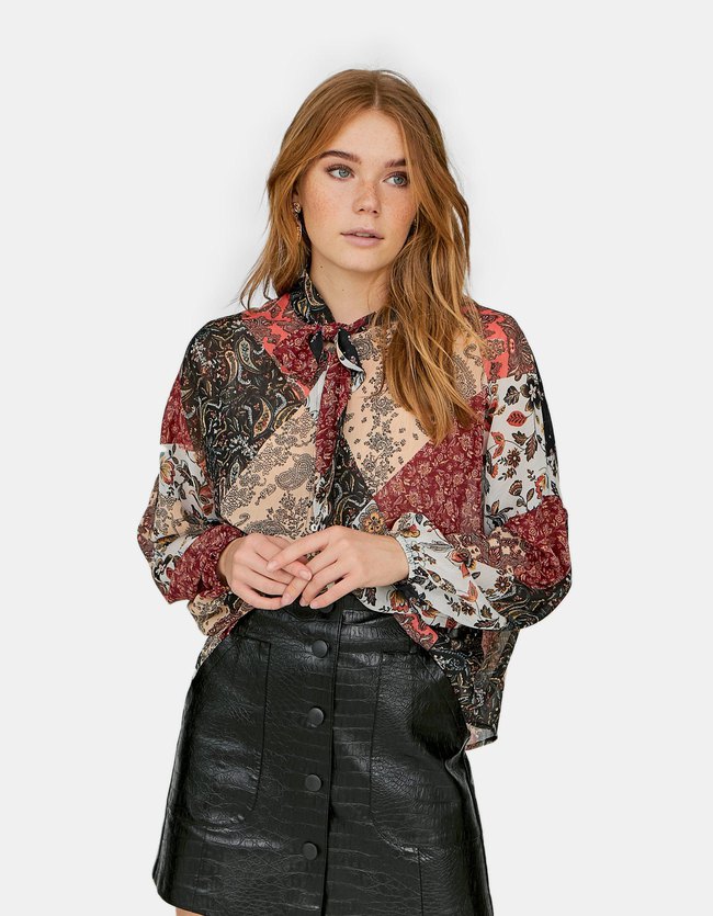 Stradivarius Patchwork Blouse Met Strik Dames Terracotta stradivarius kopen in de aanbieding