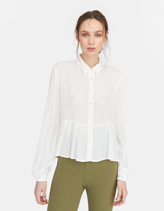 Stradivarius Mousseline Blouse Met Lange Mouwen Dames Ecru stradivarius kopen in de aanbieding