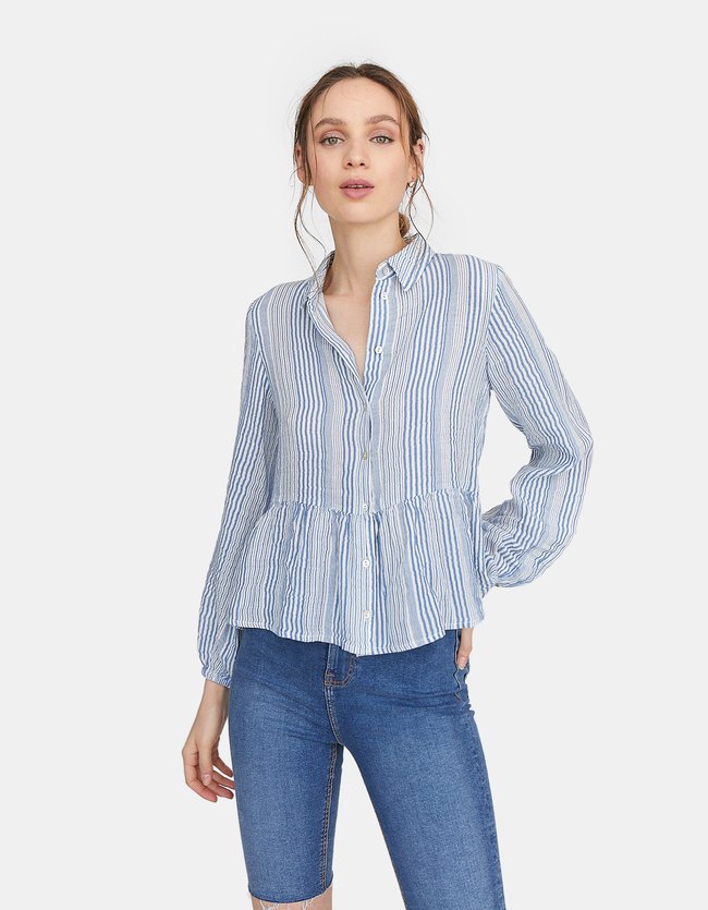 Stradivarius Mousseline Blouse Met Lange Mouwen Dames Hemelsblauw stradivarius kopen in de aanbieding