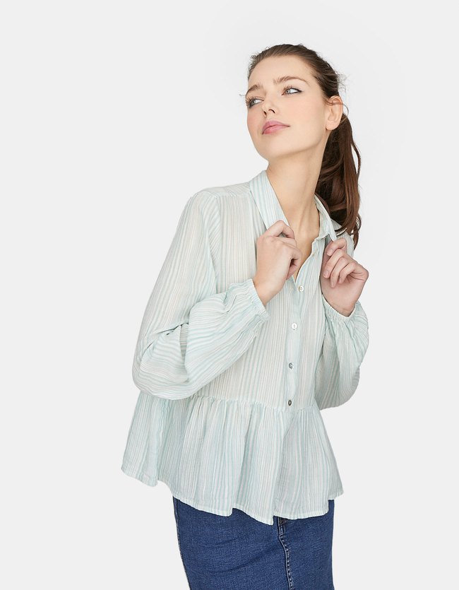 Stradivarius Mousseline Blouse Met Lange Mouwen Dames Pastelgroen stradivarius kopen in de aanbieding