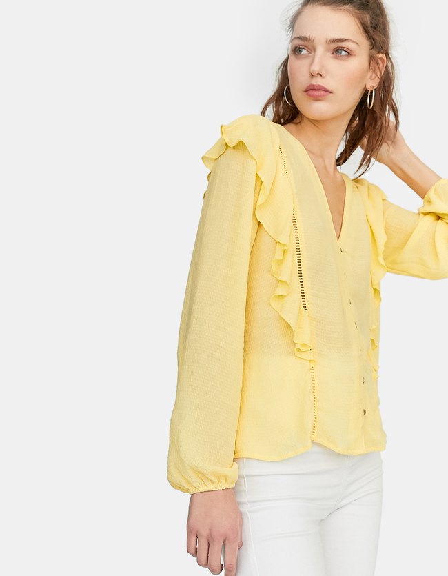 Stradivarius Blouse Met Volants Dames Pastelgeel stradivarius kopen in de aanbieding