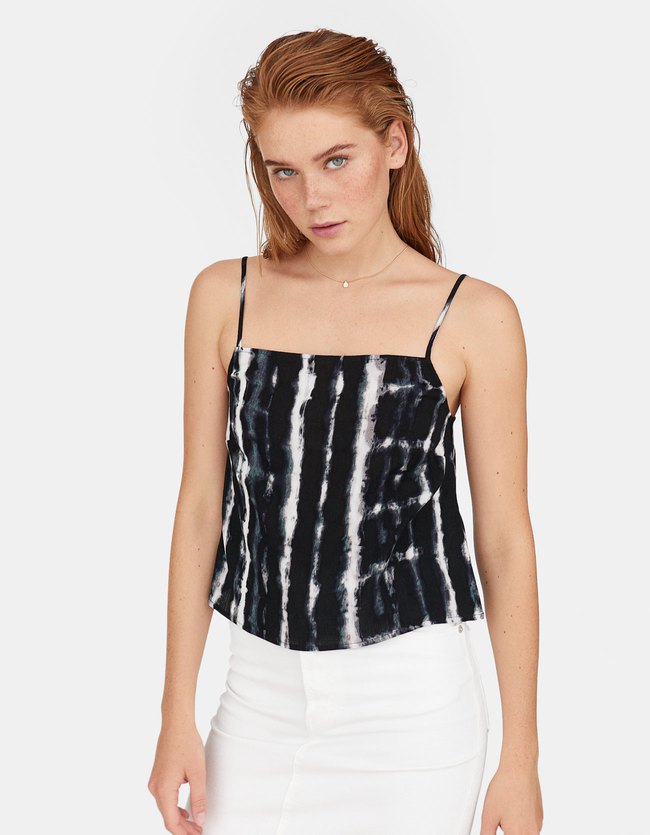 Stradivarius Tie Dye Mousseline Croptop Dames Zwart stradivarius kopen in de aanbieding