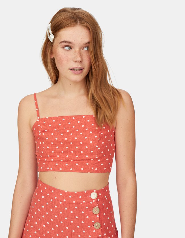 Stradivarius Croptop Met Stippen Dames Koraal stradivarius kopen in de aanbieding