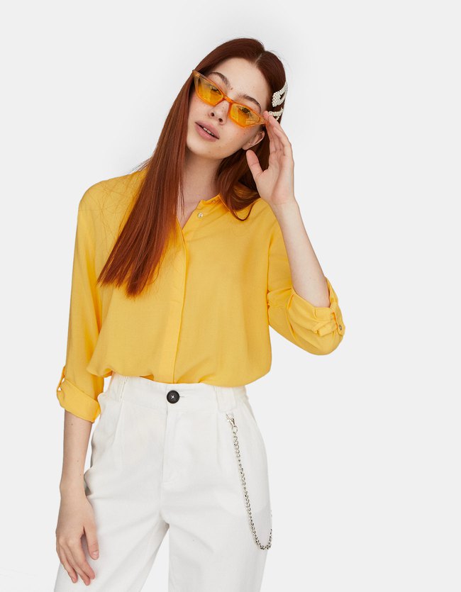 Stradivarius Viscose Overhemd Dames Geel Xl stradivarius kopen in de aanbieding