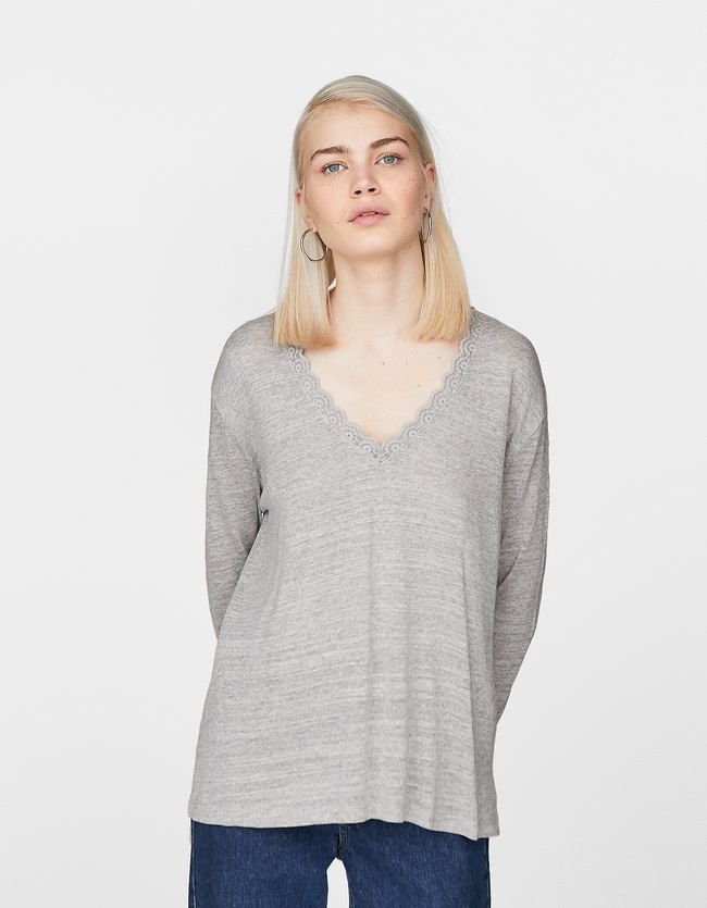 Stradivarius T Shirt Met Kant Dames Grijs Melange stradivarius kopen in de aanbieding Stradivarius T Shirt Met Kant Dames Grijs Melange stradivarius kopen in de aanbieding