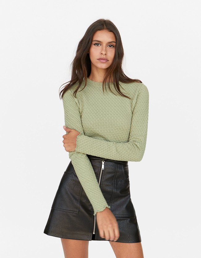 Stradivarius Shirt Met Lange Mouw Dames Kaki stradivarius kopen in de aanbieding