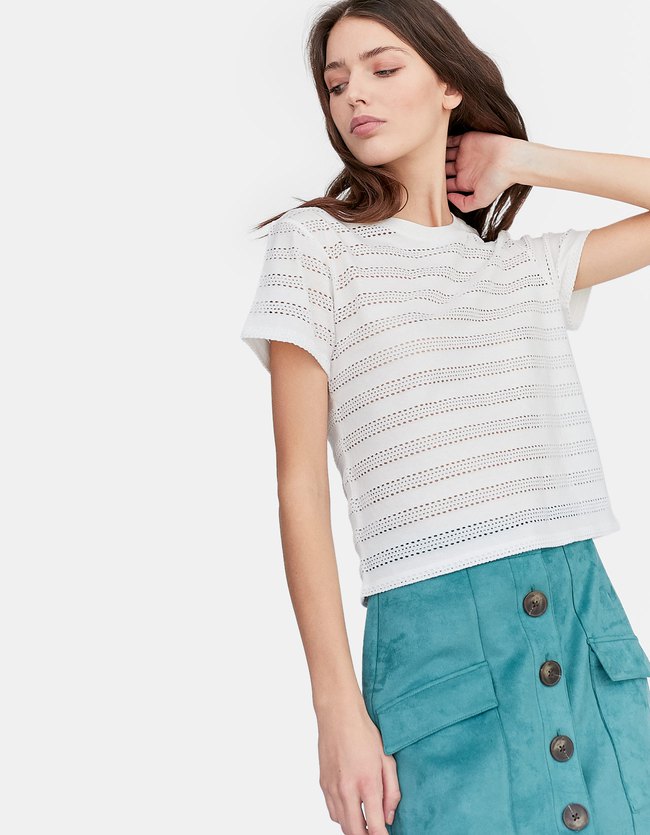 Stradivarius T Shirt Met Ajour Dames Ecru stradivarius kopen in de aanbieding Stradivarius T Shirt Met Ajour Dames Ecru stradivarius kopen in de aanbieding