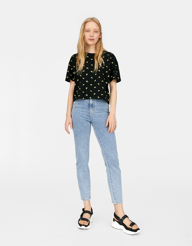Stradivarius Croptop Met Korte Mouw Dames Zwart stradivarius kopen in de aanbieding