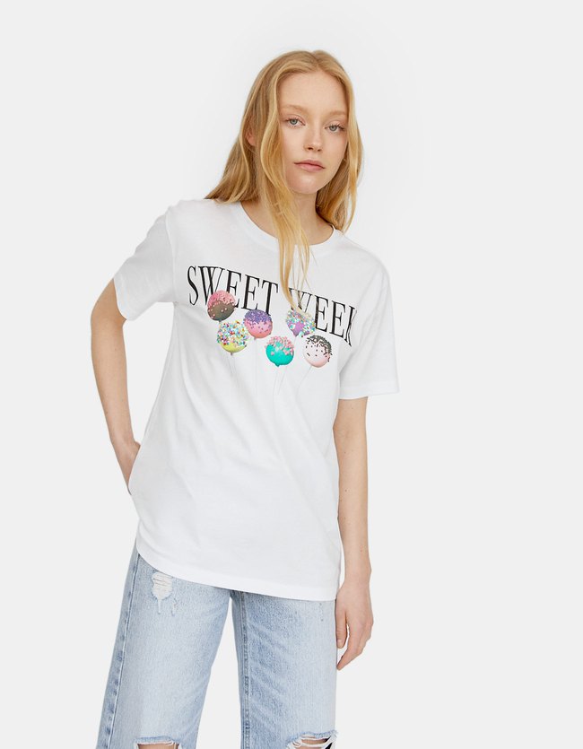 Stradivarius T Shirt Met Ijsjesprint Dames Wit Xl stradivarius kopen in de aanbieding