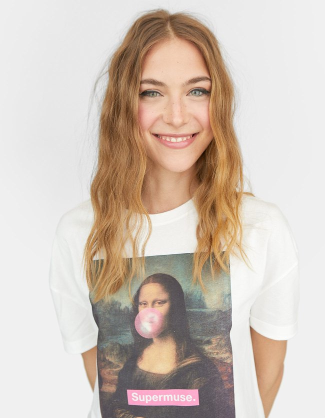 Stradivarius Mona Lisa T Shirt Dames Wit stradivarius kopen in de aanbieding