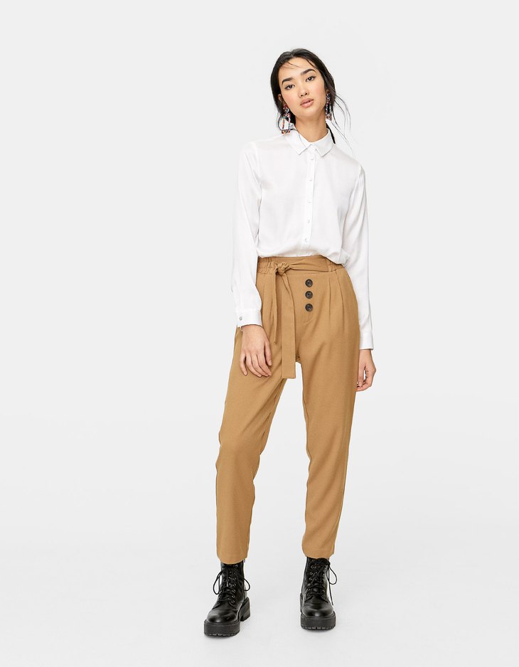 Pantalon Baggy Boutons Twill Naturels Stradivarius France