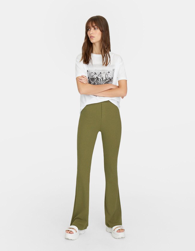 Stradivarius Tricot Bell Bottom Broek Dames Kaki Xl stradivarius kopen in de aanbieding