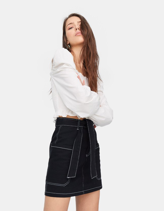 Stradivarius Rok Met Contraststiksel Dames Zwart 40 stradivarius kopen in de aanbieding