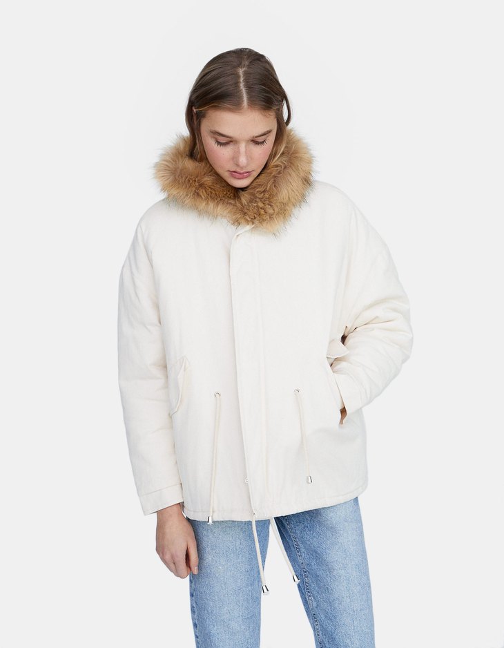 stradivarius parka jacket with fur hood