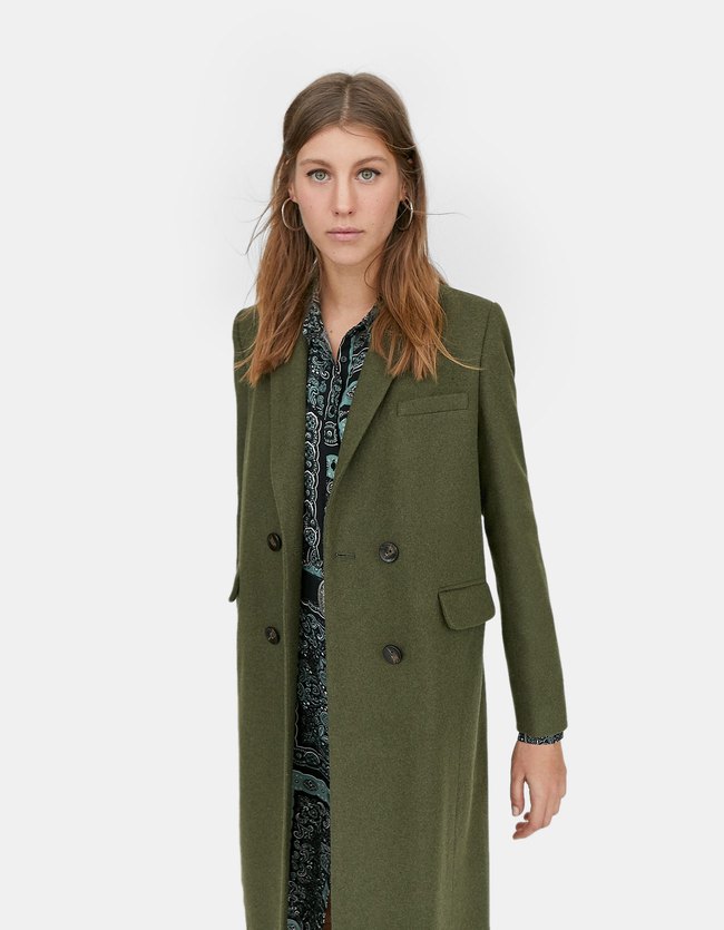 Stradivarius Lange Wollige Jas Dames Kaki stradivarius kopen in de aanbieding