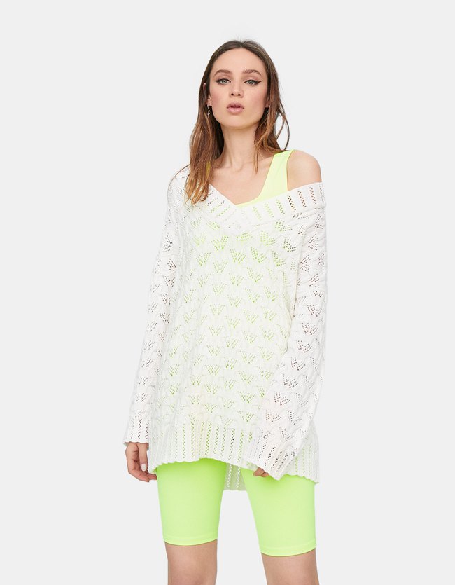 Stradivarius Oversized Ajourtrui Met V Hals Dames Ecru stradivarius kopen in de aanbieding