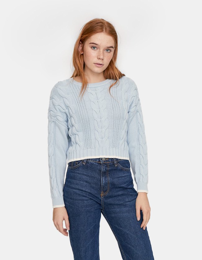 Stradivarius Kabeltrui Met Contrast Dames Jeansblauw stradivarius kopen in de aanbieding