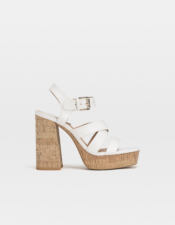 white cork heel sandals