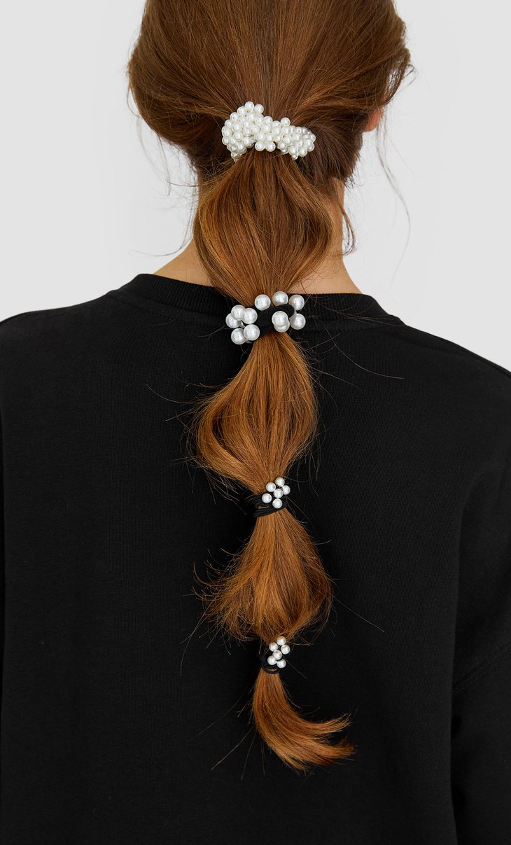 Set Of 3 Faux Fur And Faux Pearl Hair Ties Women S Hair