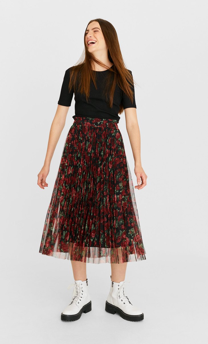 Gonna Plissettata In Tulle Con Stampa Floreale Null Stradivarius Italia