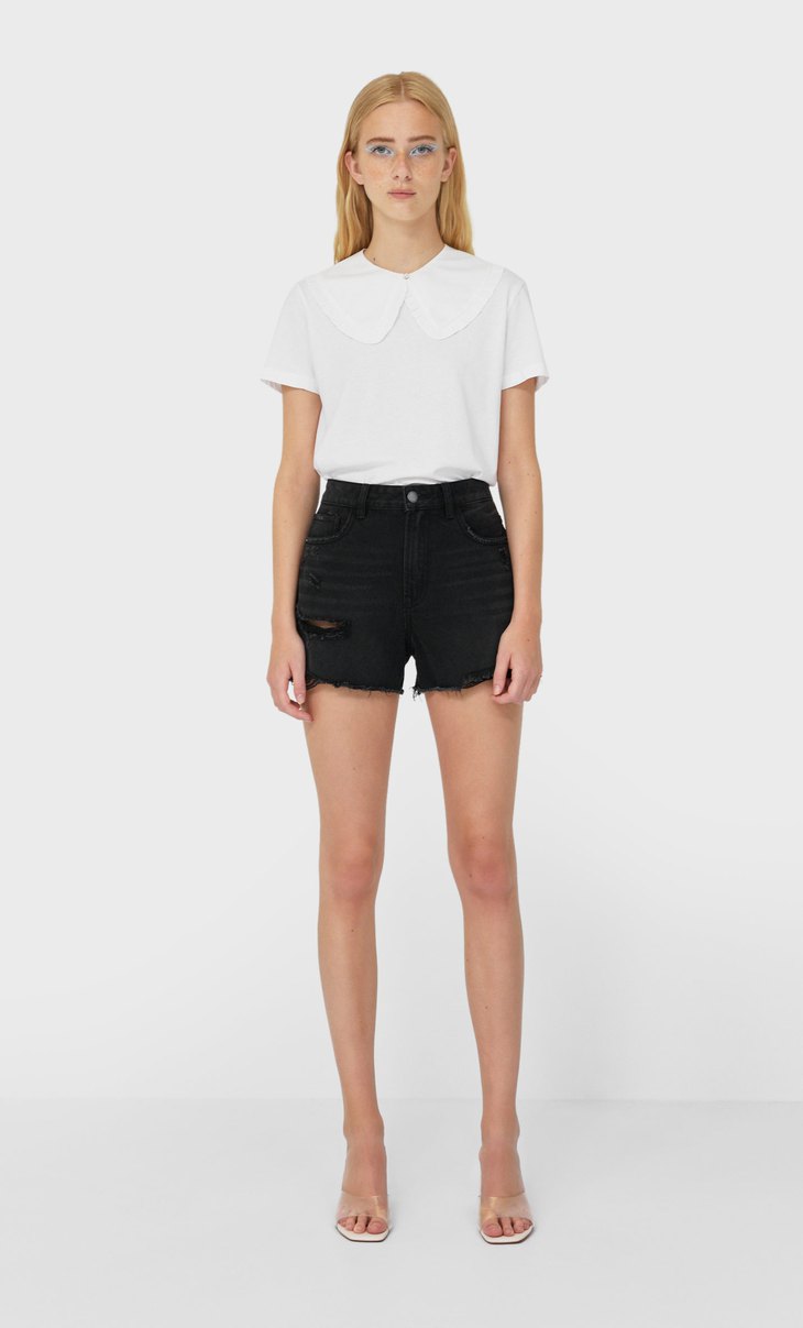 grey ripped denim shorts