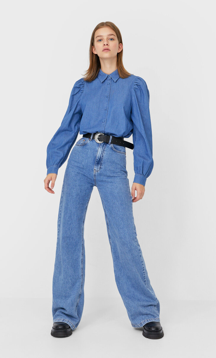 denim shirt puff sleeve