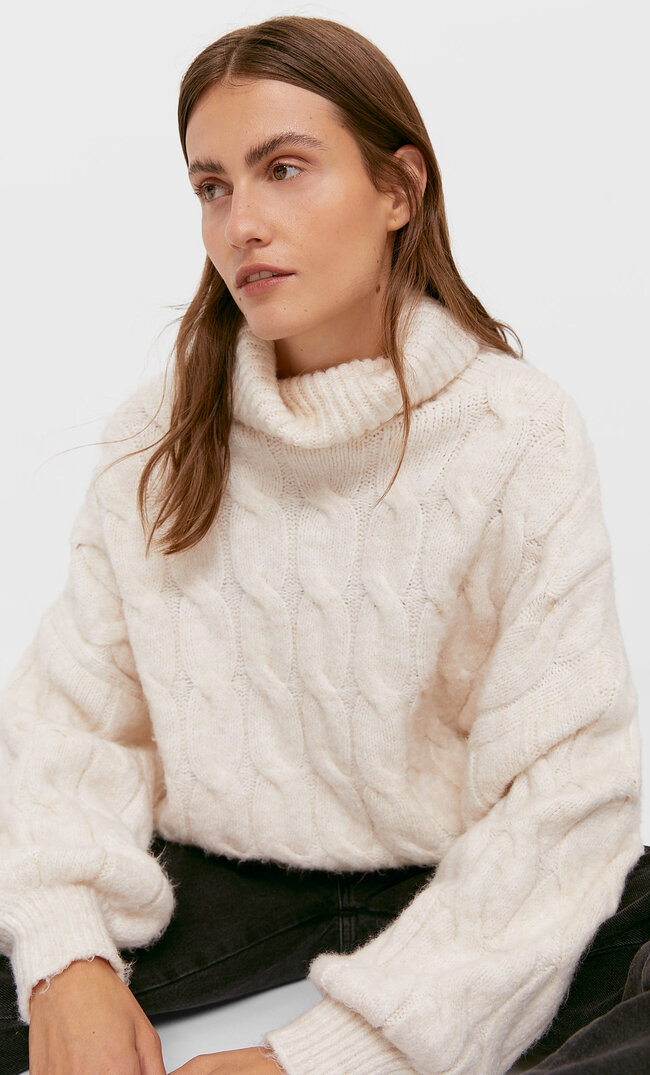 cable knit balloon sleeve sweater