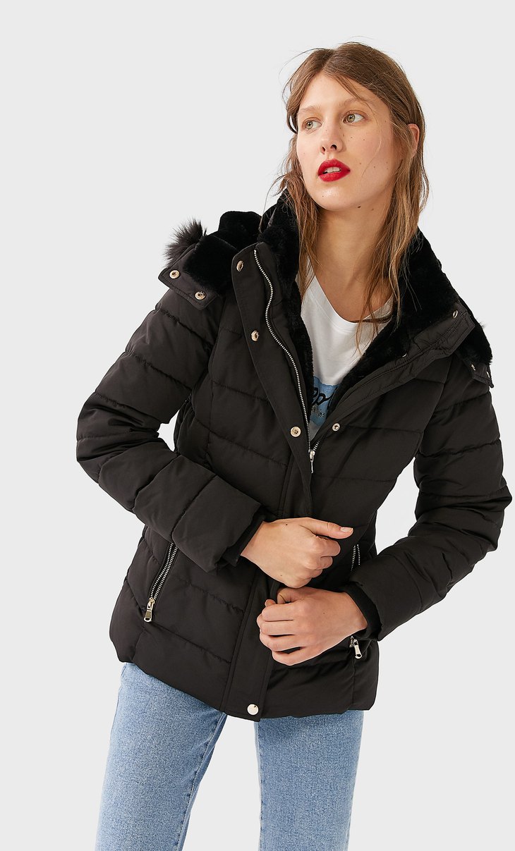 stradivarius parka jacket with fur hood