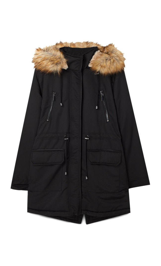 stradivarius parka jacket with fur hood