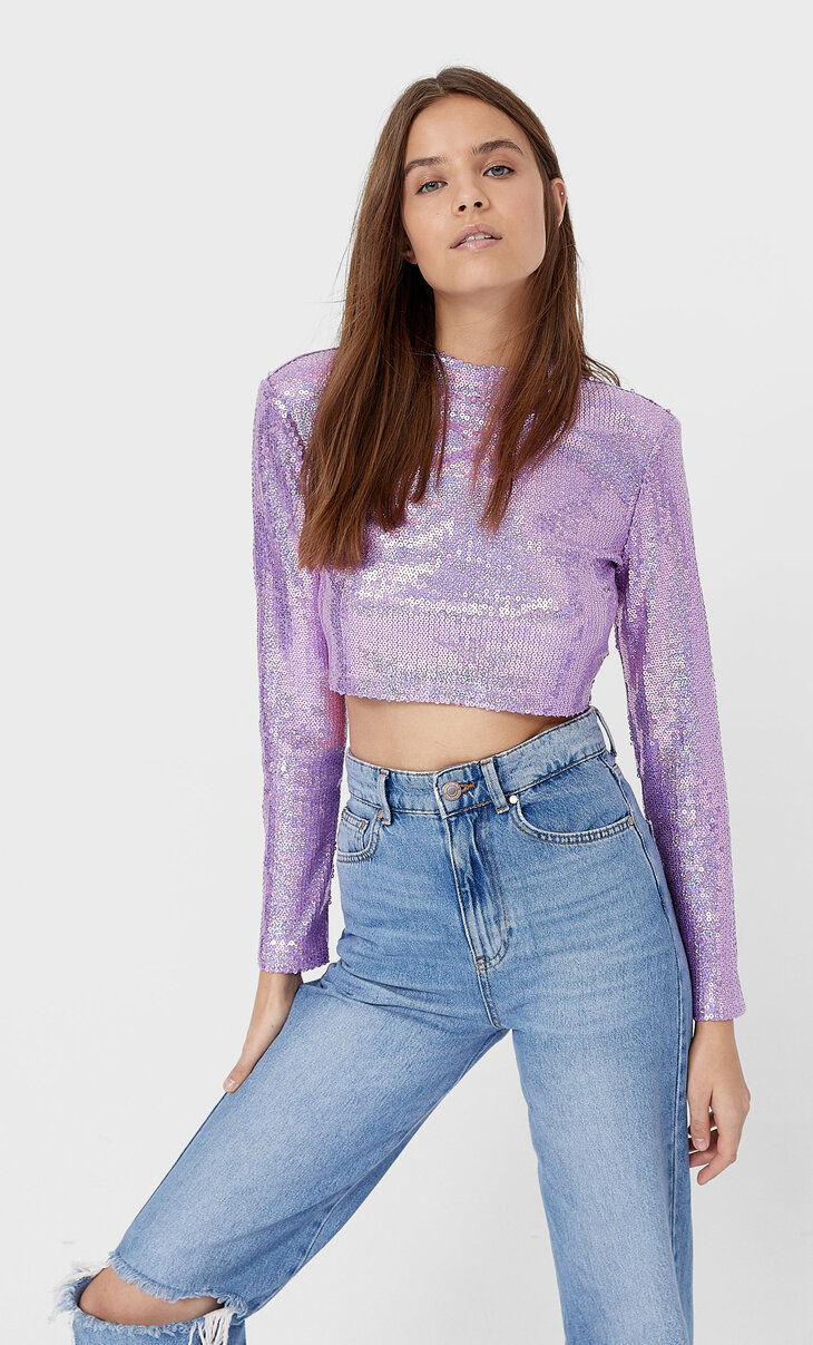 purple sequin crop top