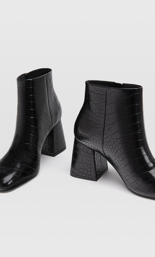 black embossed high heel ankle boots