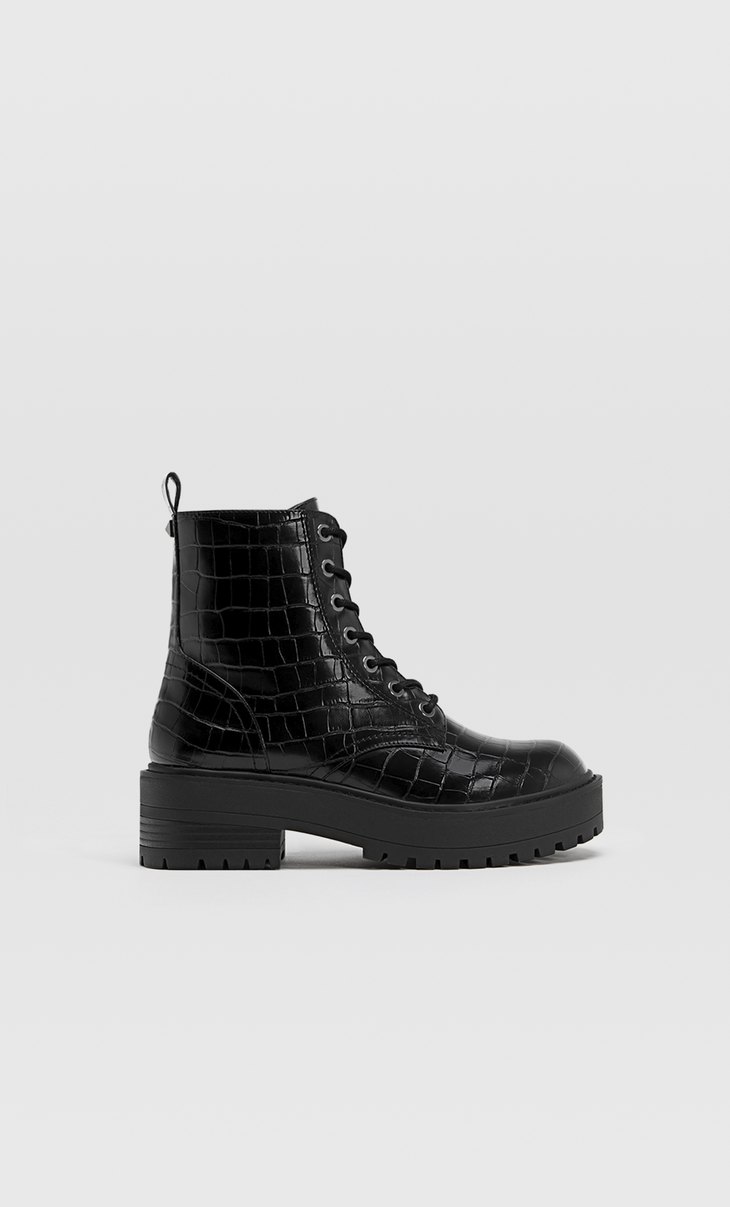 Embossed lace-up biker ankle boots 