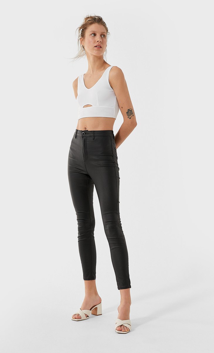 stradivarius coated skinny jeans