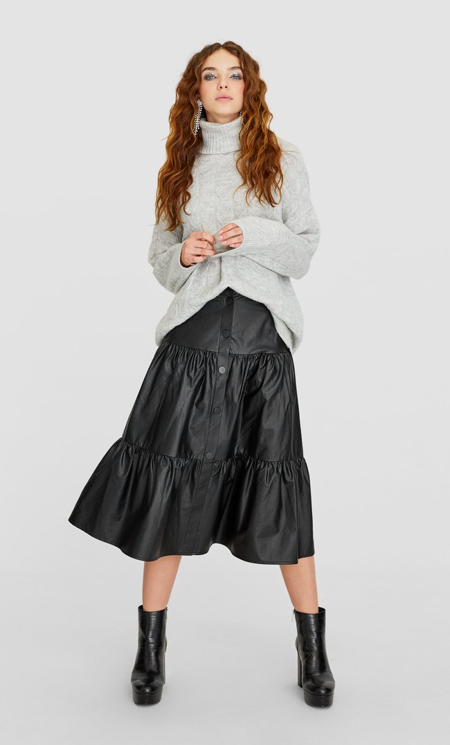 Faux Leather Midi Skirt With Seam Details Women S Skirts