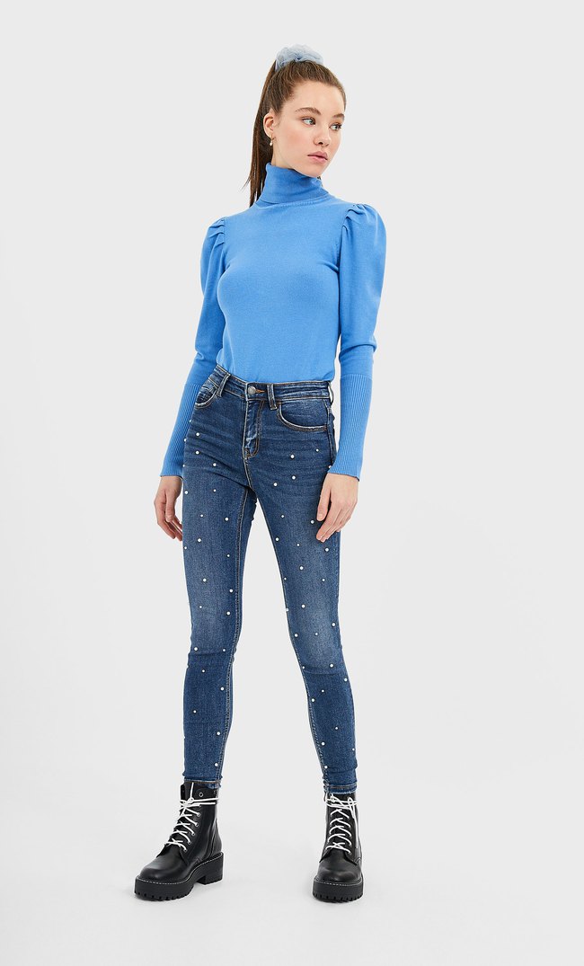 Jeans High Waist Perlas Tiro Alto De Mujer Stradivarius Colombia
