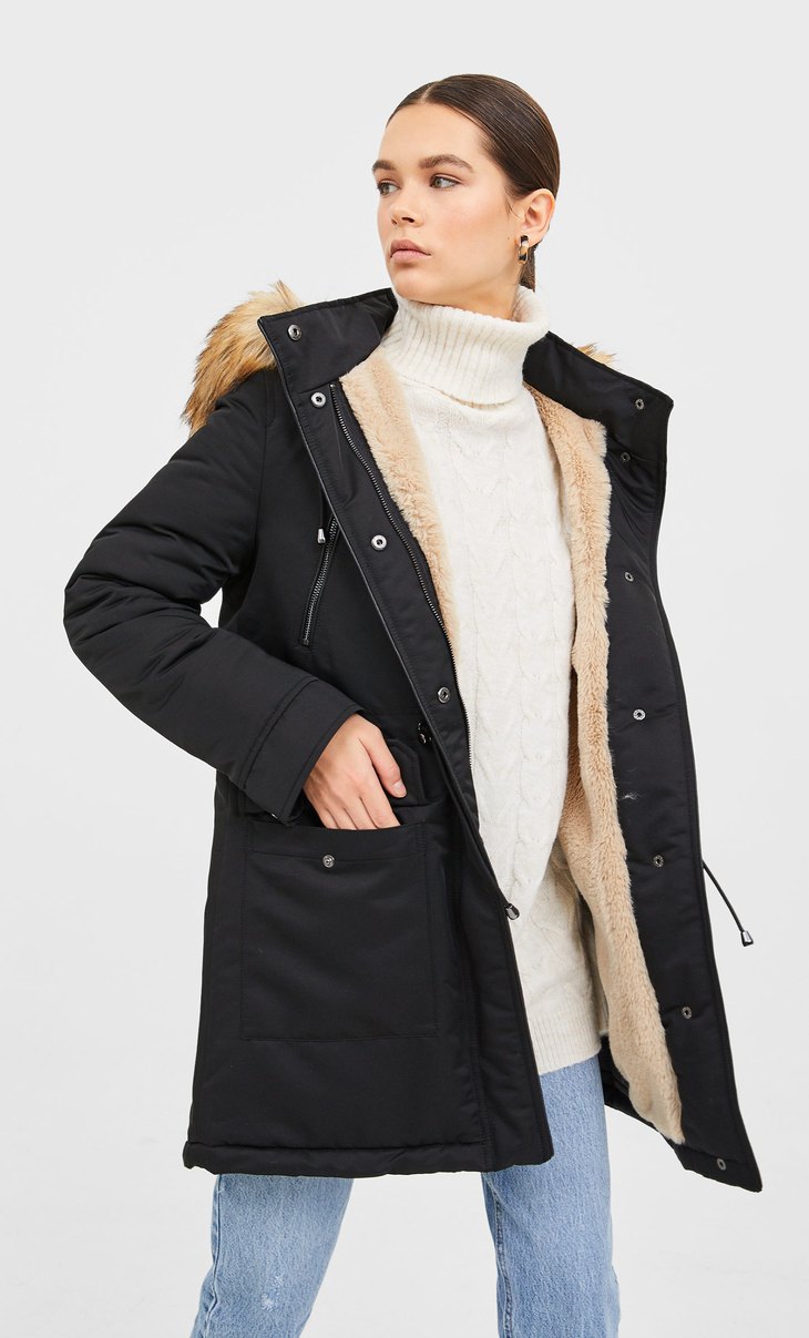 stradivarius parka jacket with fur hood