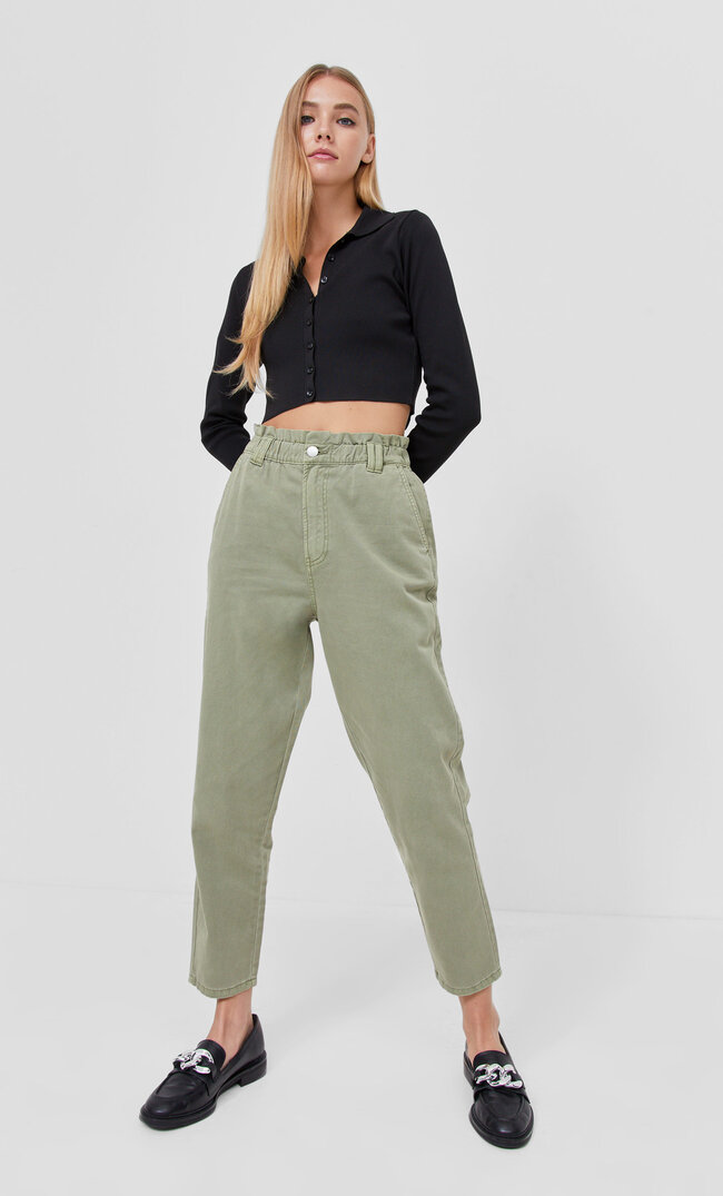 Stradivarius Jeansy Baggy Z Diagonalu Khaki M
