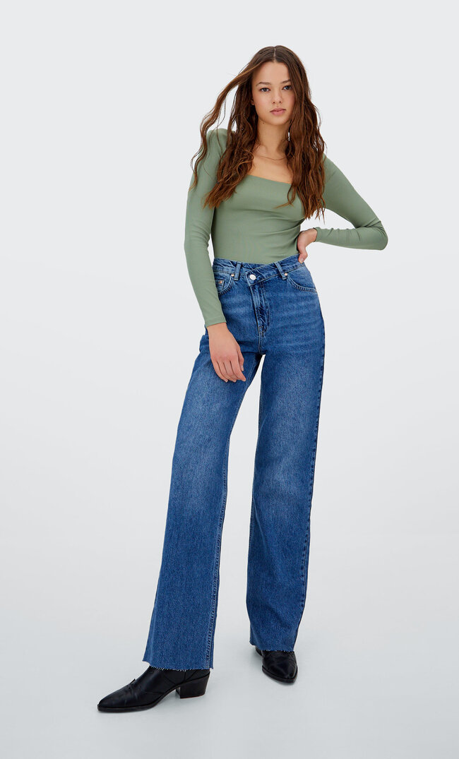 

Stradivarius Straight-Fit-Jeans Mit Asymmetrischem Bund Mittleres Denim 40