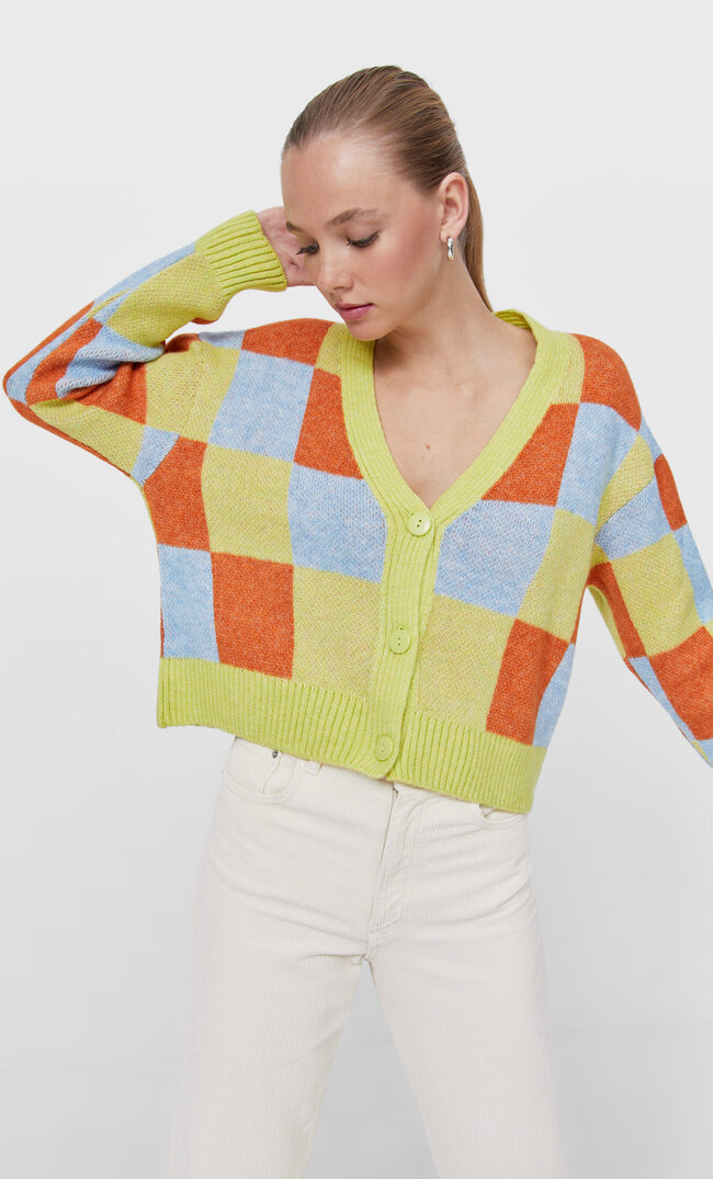

Stradivarius Strickcardigan Mit Schachbrettmuster Himmelblau L