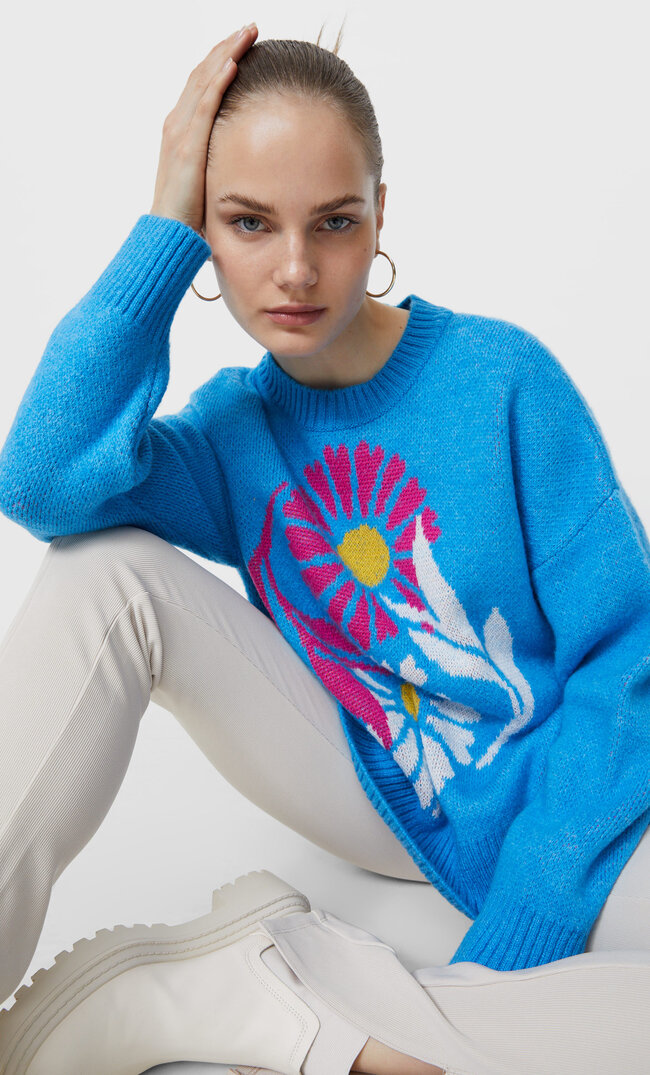 

Stradivarius Dzianinowy Sweter W Uroczy Wzór Kwiatowy Turkusowy M