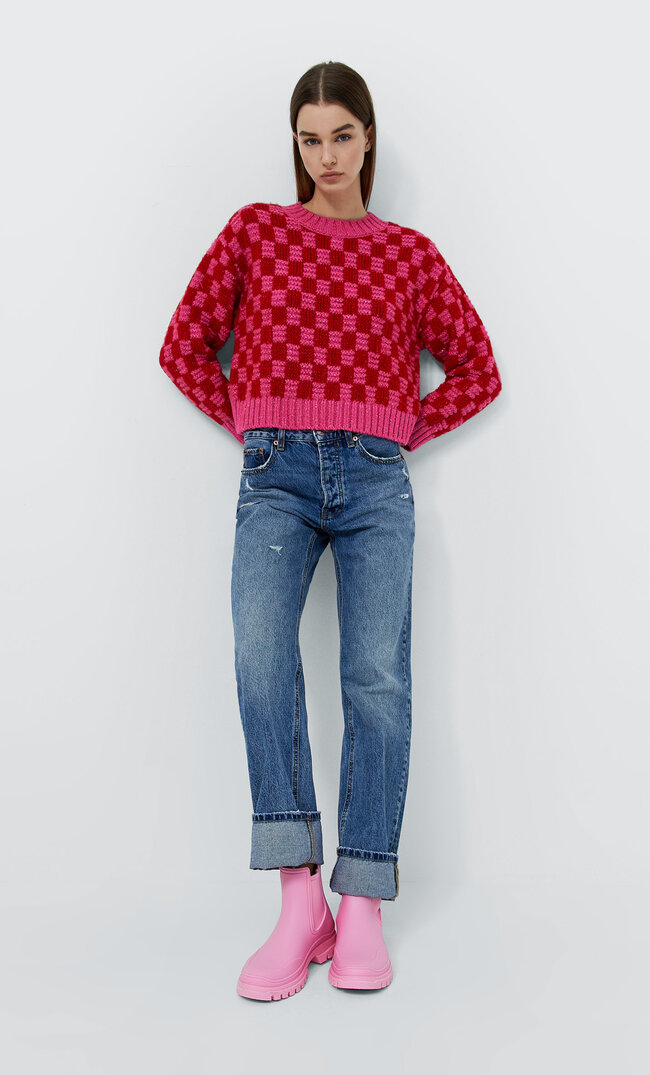 

Stradivarius Żakardowy Sweter W Szachownicę Fuksja S