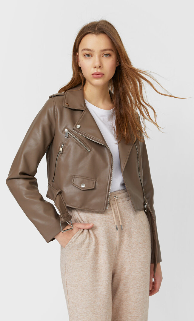 

Stradivarius Bikerjacke Aus Kunstleder Mit Gürtel Braun L