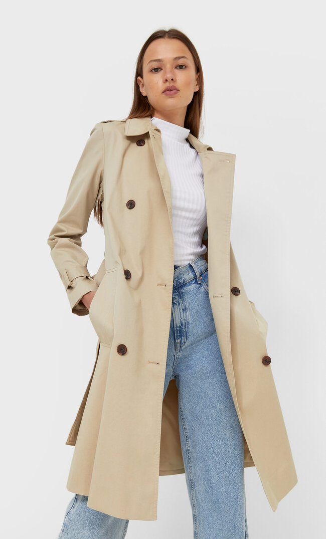 

Stradivarius Langer Wasserabweisender Trenchcoat Mittelbeige S