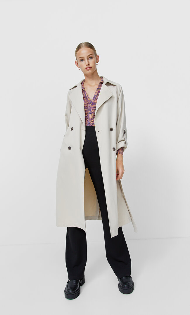 Stradivarius Langer Fließender Trenchcoat Steingrau L