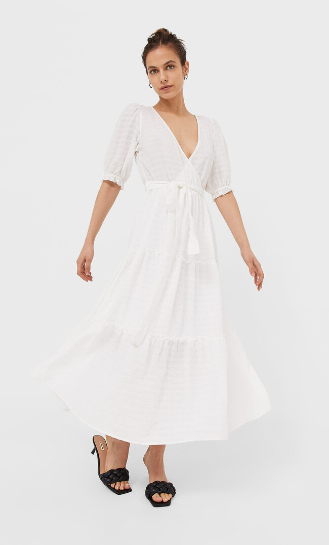

Stradivarius Langes Kleid Mit Vichykaros Ecru M