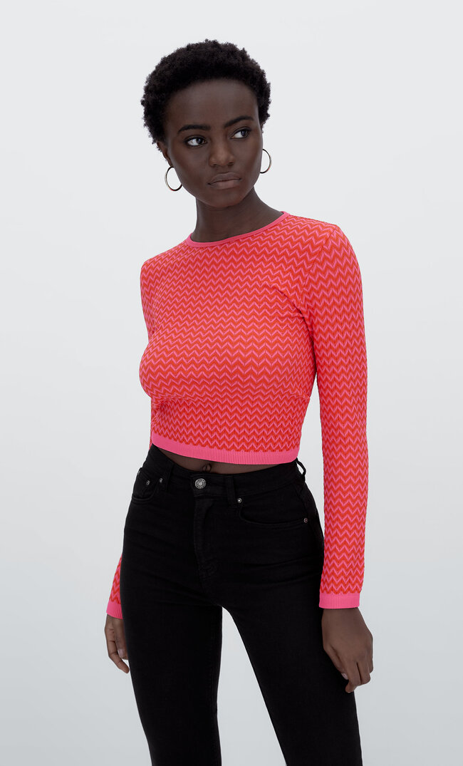 

Stradivarius Nahtloses Shirt Mit Zickzack-Muster Fuchsia Xs